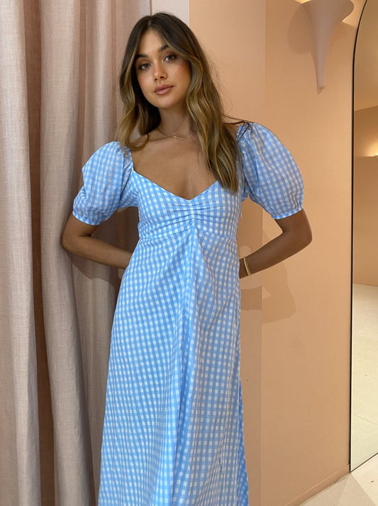 Faithfull the Brand Charlize Midi Dress in Cornflower Check