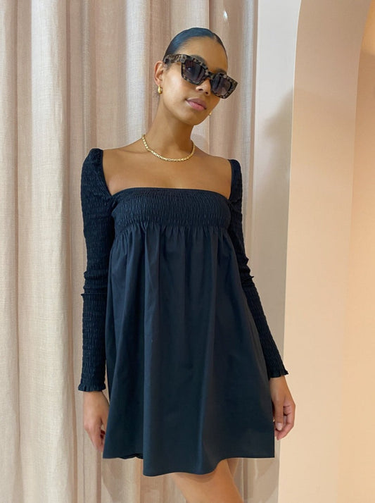 Third Form Full Form Shirred Babydoll Dress in Black