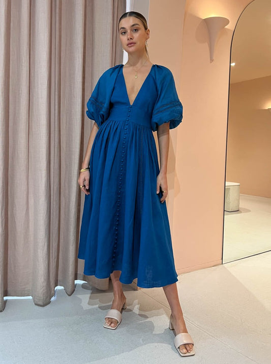Joslin Ingrid Linen Ramie Midi Dress in Adriatic Blue Coco & Lola Joslin Ingrid Linen Ramie Midi Dress in Adriatic Blue Coco & Lola