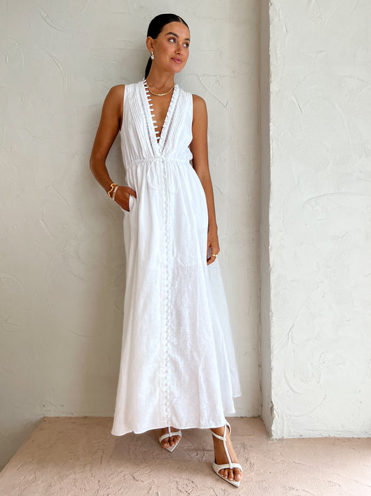 Joslin Melinda Linen Ramie Sleeveless Maxi Dress in Optical White