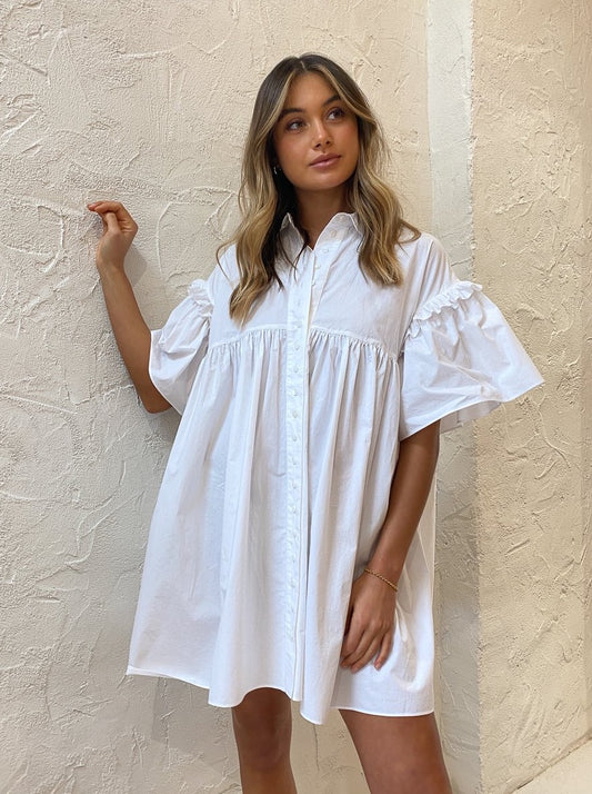 Joslin Ashleigh Cotton Smock Mini Shirt Dress in Optical White