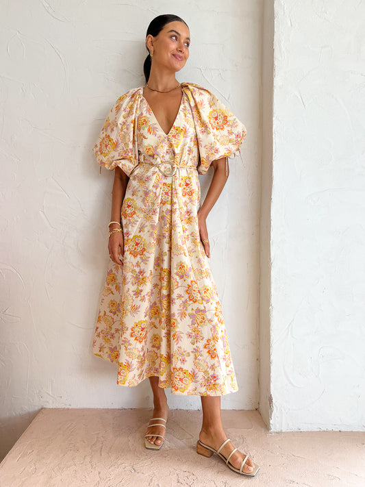Kinney Elle Puff Sleeve Maxi in Neon Floral