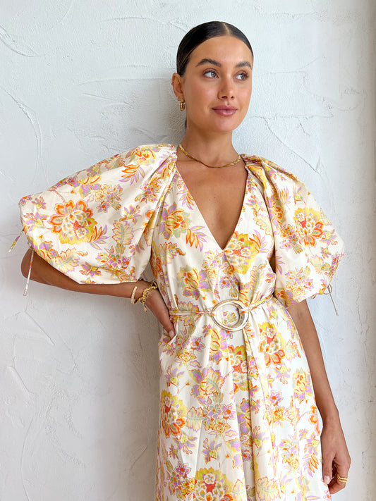 Kinney Elle Puff Sleeve Maxi in Neon Floral