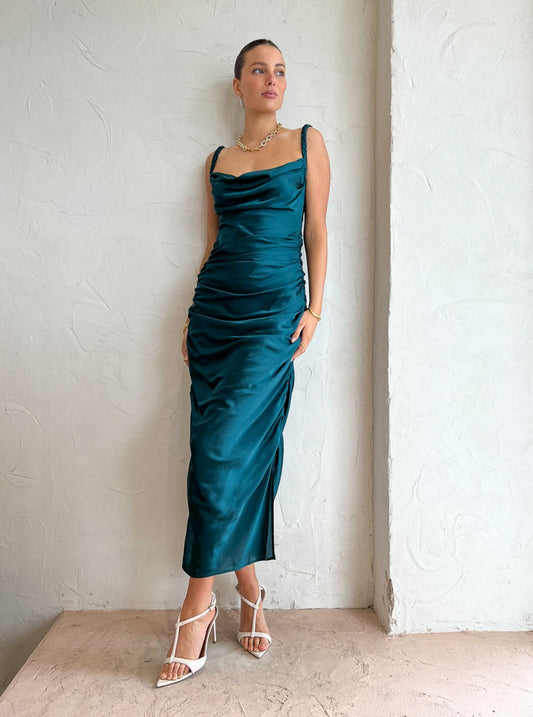 Leo Lin Rachel Cowl Neck Slip Dress in Teal