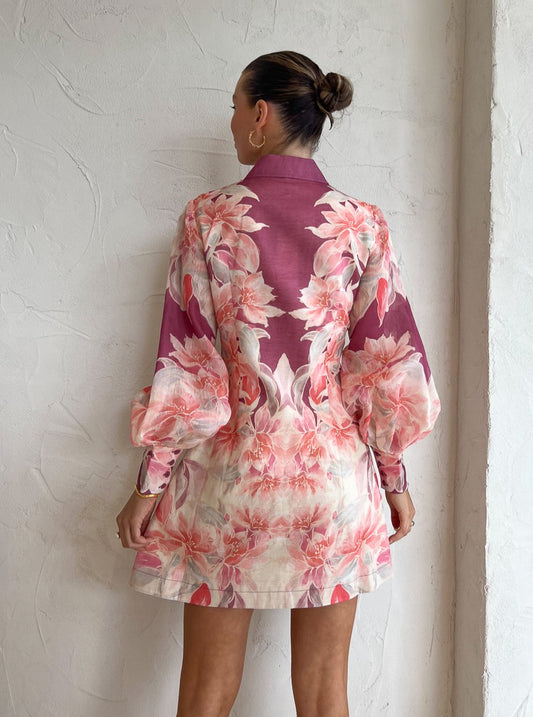 Leo Lin Luminous Silk Linen Mini Dress in Orient Print in Hibiscus Coco & Lola Leo Lin Luminous Silk Linen Mini Dress in Orient Print in Hibiscus Coco & Lola