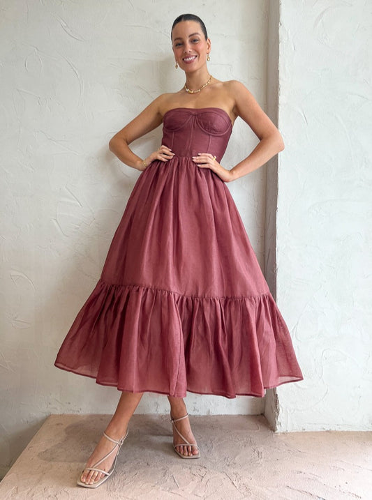 Leo Lin Rae Bustier Midi Dress in Burgundy Coco & Lola Leo Lin Rae Bustier Midi Dress in Burgundy Coco & Lola