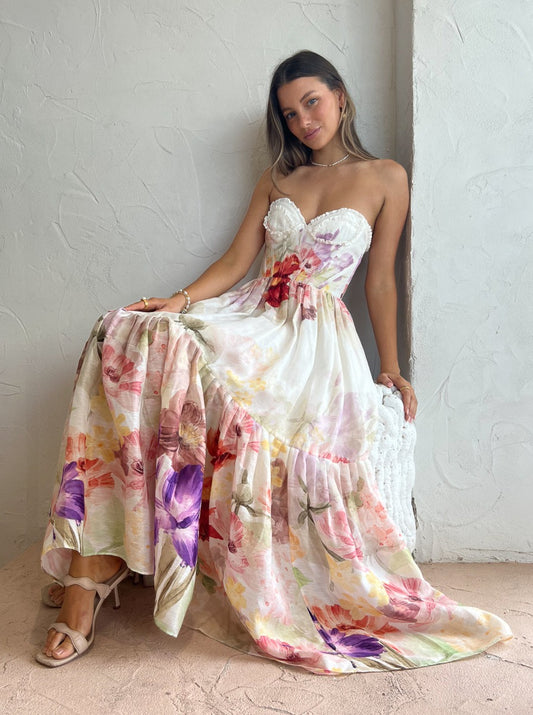 Leo Lin Rose Bustier Midi Dress in Cascade Print Coco & Lola Leo Lin Rose Bustier Midi Dress in Cascade Print Coco & Lola