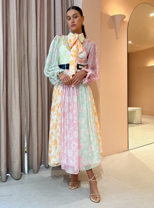 Leo Lin Cassie Tie Neck Mdi Dress in Anemone Splice Print