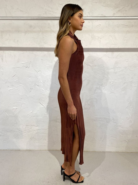 Lidee Soiree Pleated Halter Dress in Chocolate Coco & Lola Lidee Soiree Pleated Halter Dress in Chocolate Coco & Lola