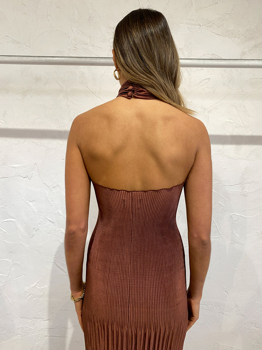 Lidee Soiree Pleated Halter Dress in Chocolate Coco & Lola Lidee Soiree Pleated Halter Dress in Chocolate Coco & Lola