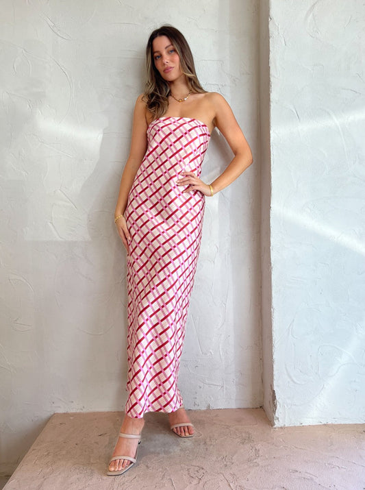 Ownley Augustine Bias Strapless Dress in Checker