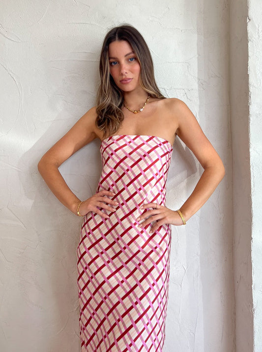 Ownley Augustine Bias Strapless Dress in Checker