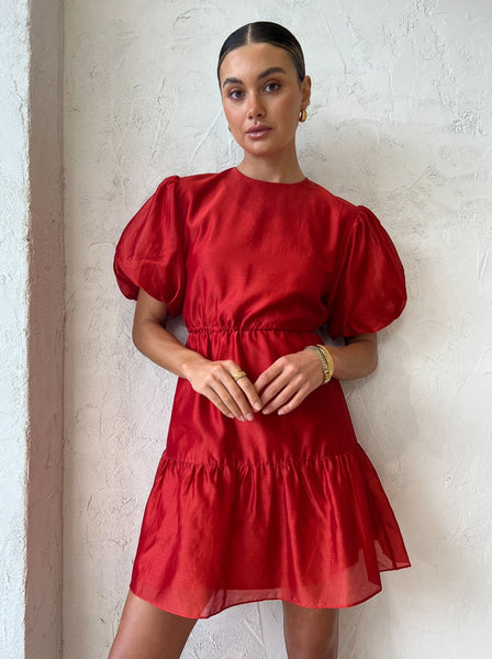 Sophia Red Satin Short Puff Sleeves Mini Dress
