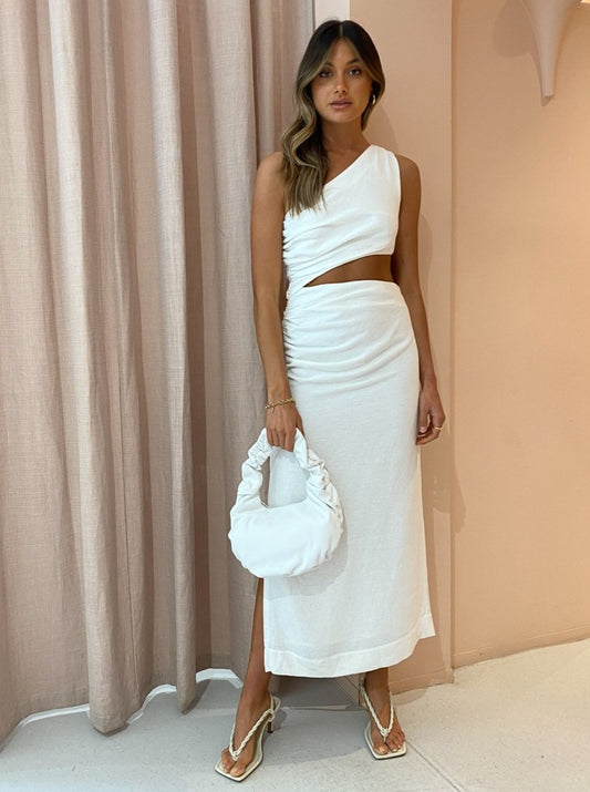 Sir Clemence One Shoulder Midi Dress in Ivory