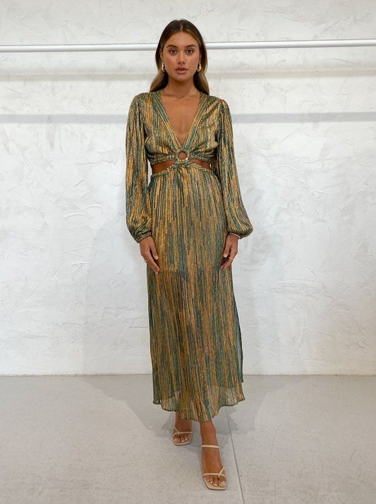 Suboo Ana Cut Out Maxi Dress in Green Metallic Coco & Lola Suboo Ana Cut Out Maxi Dress in Green Metallic Coco & Lola
