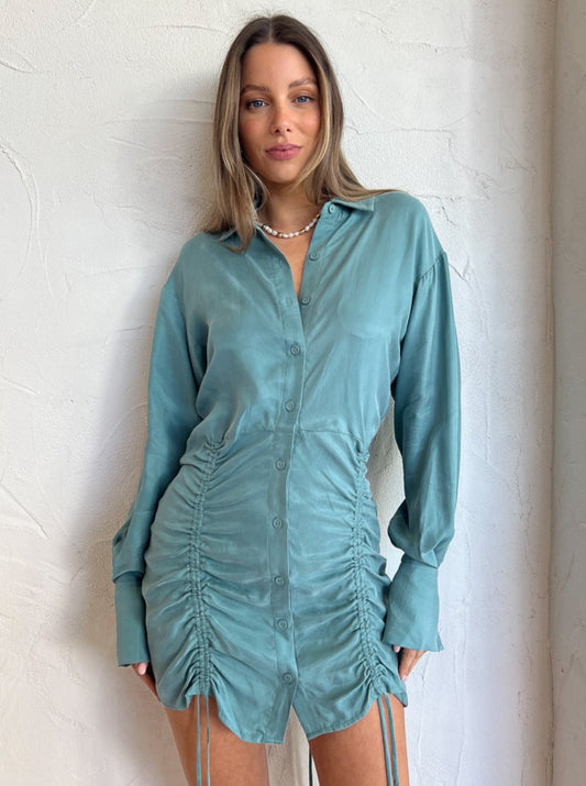 Suboo Andy Ruched Mini Shirt Dress in Seafoam