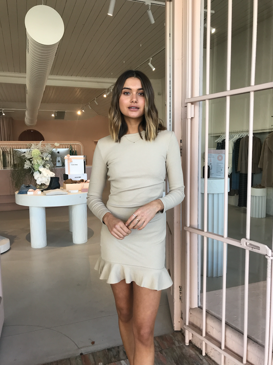 By Nicola Belle Frill Mini Dress in Almond