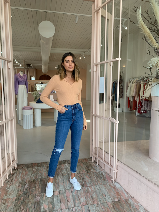 Third Form Collared Knit LS Top in Camel