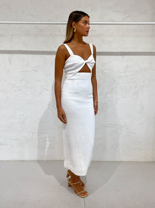 Shona Joy Simone Fitted Cut Out Midi Dress in Ivory Coco & Lola Shona Joy Simone Fitted Cut Out Midi Dress in Ivory Coco & Lola