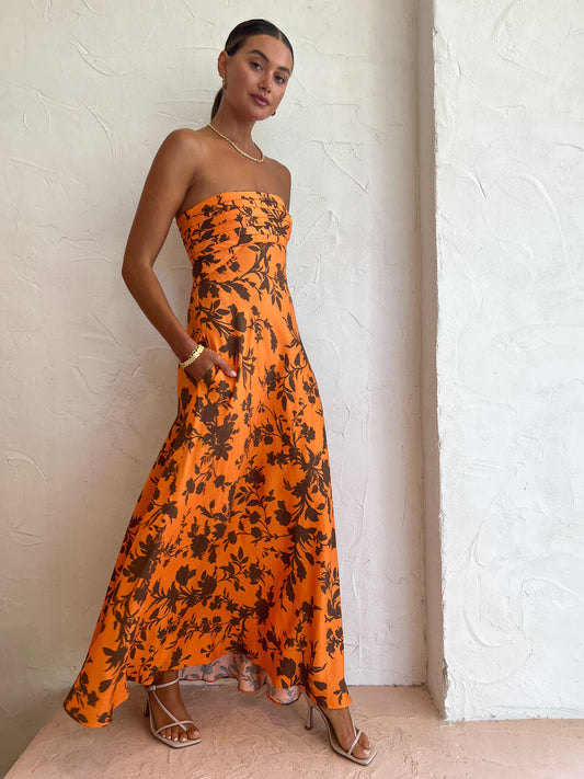 Shona Joy Uli Strapless Corded Maxi Dress in Papaya/Cacao