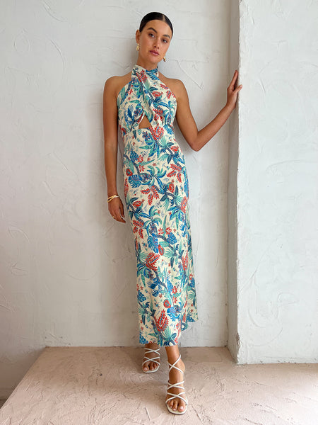 shona joy wilder tie front godet midi dress Shona Joy Malia Cross Front Halter Midi Dress in Oatmeal/Multi – Coco & Lola
