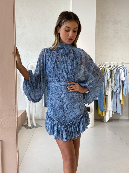shona joy long sleeve ruched mini dress Shona Joy Harmony High Neck Ruched Mini Dress In Blue Smoke/Multi – Coco &  Lola