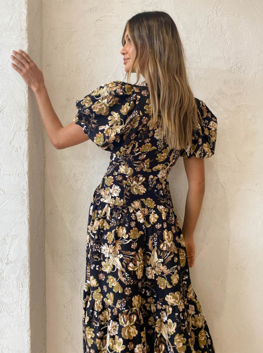Shona Joy Palermo Plunged Short Sleeve Midi Dress in Black/Multi Coco & Lola Shona Joy Palermo Plunged Short Sleeve Midi Dress in Black/Multi Coco & Lola
