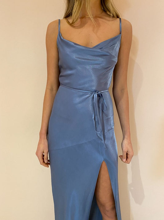 Shona Joy La Lune Bias Cowl Dress with Split and Tie in Blue Smoke Coco & Lola Shona Joy La Lune Bias Cowl Dress with Split and Tie in Blue Smoke Coco & Lola