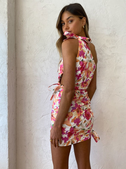 sofia the label pink dress Sofia The Label Stella Asymmetric Ruched Mini Dress in Pink Peach Floral –  Coco & Lola