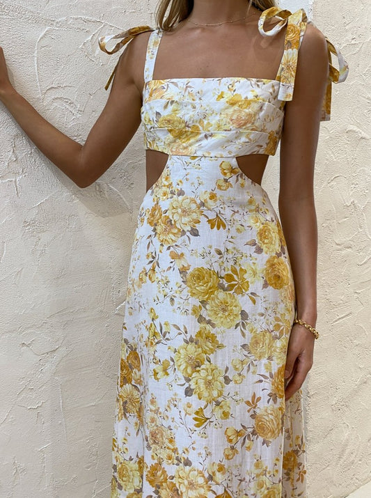 Sofia The Label Mimi Cut Out Midi Dress in Yellow Floral Coco & Lola Sofia The Label Mimi Cut Out Midi Dress in Yellow Floral Coco & Lola