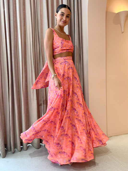 Sonya Serena Maxi Skirt in Peach Watercolour Print