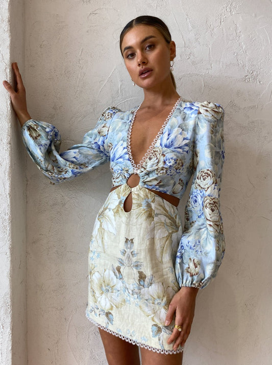 Sonya Cut Out Linen Mini Dress in Botanica Print