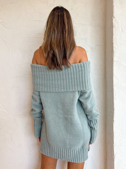 Suboo Jean Off Shoulder Knit Jumper in Seafoam