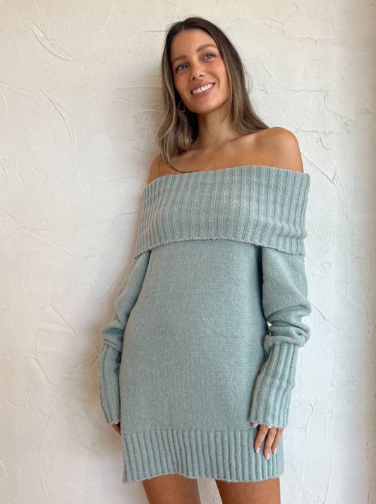 Suboo Jean Off Shoulder Knit Jumper in Seafoam