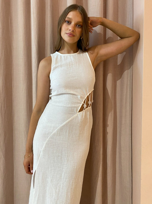 Suboo Astrid Resin Waist Detail Midi Dress in Ivory