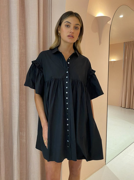 Joslin Ashleigh Cotton Smock Mini Shirt Dress in Black