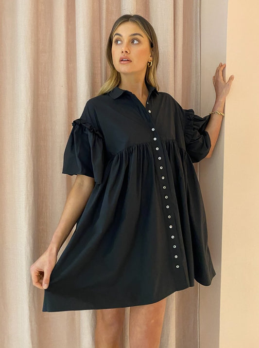 Joslin Ashleigh Cotton Smock Mini Shirt Dress in Black