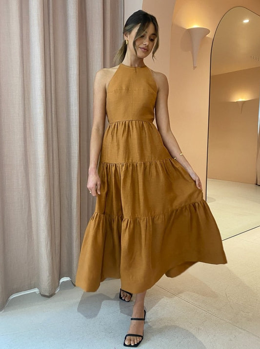 Shona Joy Maya Backless Halter Midi Dress in Turmeric Coco & Lola Shona Joy Maya Backless Halter Midi Dress in Turmeric Coco & Lola