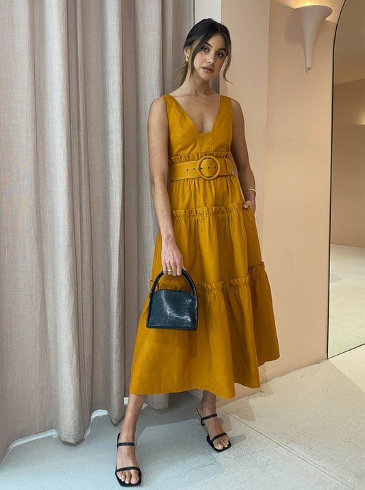 Shona Joy Aria Tiered Midi Dress in Turmeric Coco & Lola Shona Joy Aria Tiered Midi Dress in Turmeric Coco & Lola